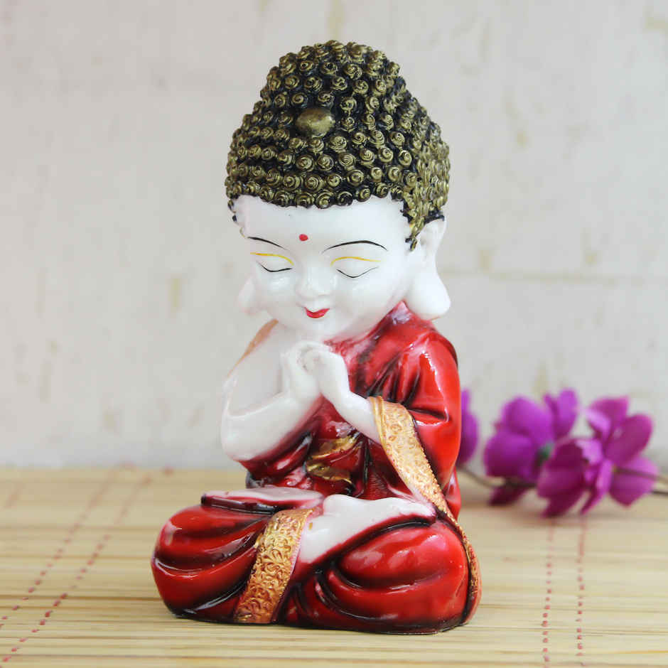 eCraftIndia Charming Red and White Resin Little Monk Buddha Statue