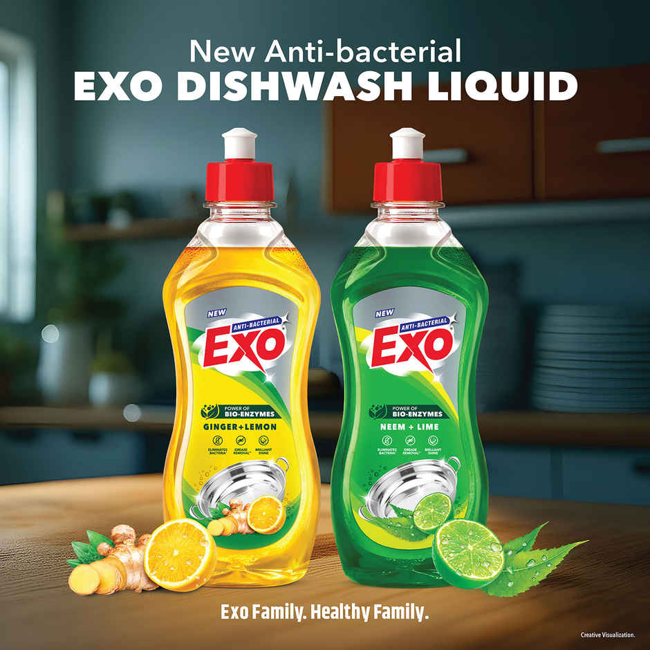 Exo Ginger & Lemon Anti Bacterial Dishwash Liquid | Tough Grease Removal with Power of Bio-Enzymes