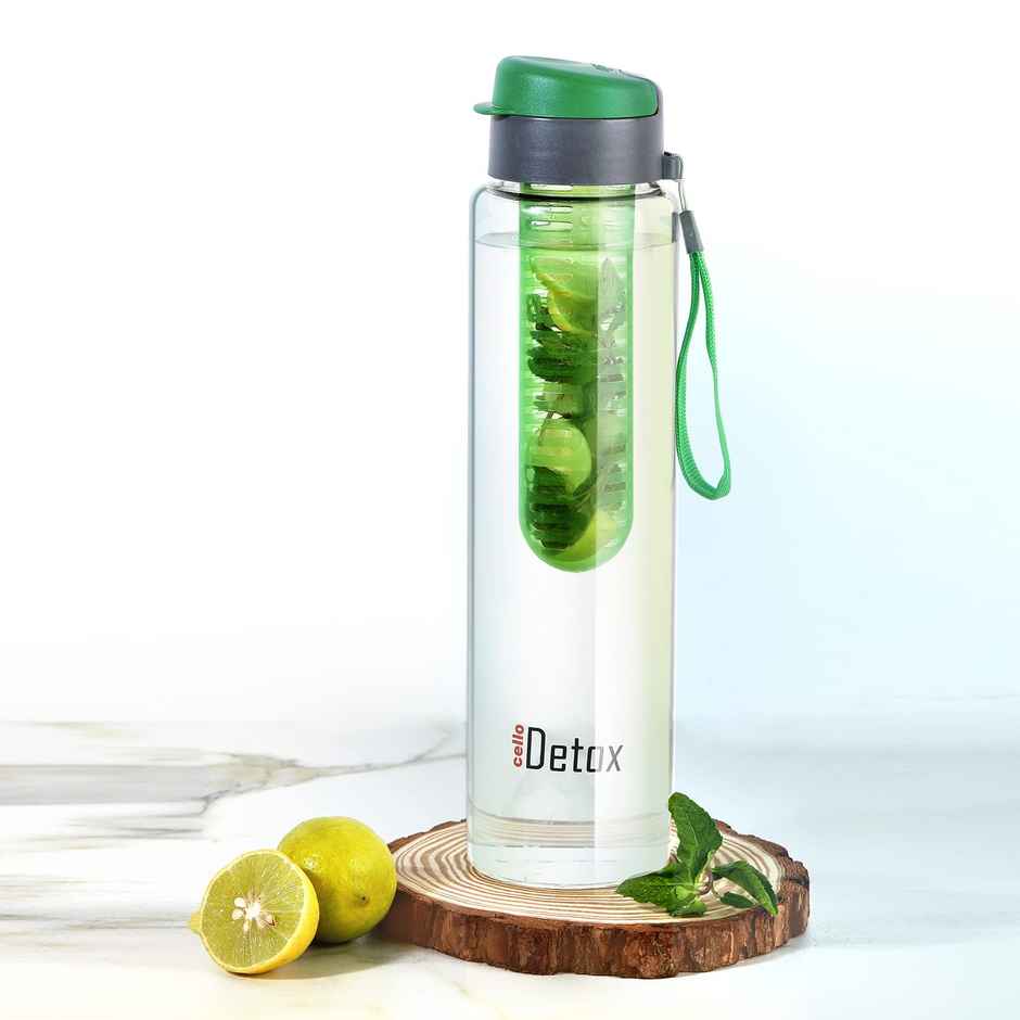 Cello Detox Fruit & Tea Infuser Glass Water Bottle | Wide Cap Sealed With Flip Top | Green | 750 ml