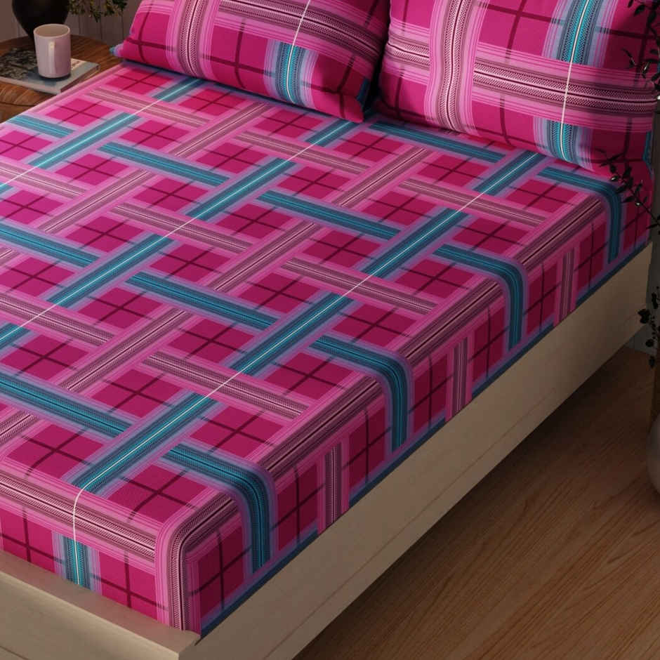 Kopa Extra Smooth Cotton Double Bedsheet With 2 Pillow Covers | Set of 3 | Lopez Checks | Magenta