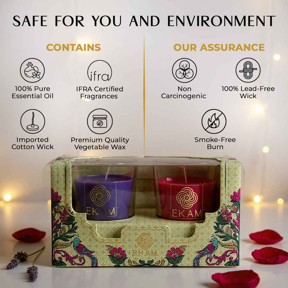 EKAM Scented Votive Candles (2 pcs) | Lavender & Sandalwood, Rose & Lily | 43g Each | 10H Burn