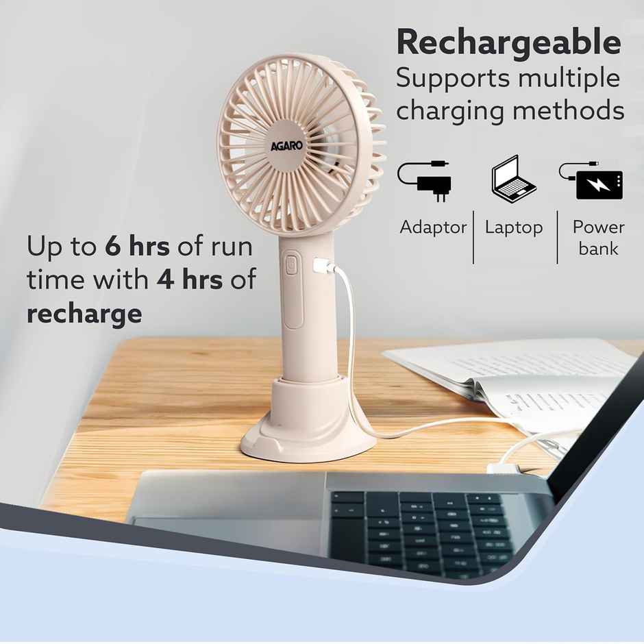 Agaro Elite Mini Portable Fan, 4 Inches, 2000 mAh Battery, 3 Speed Option And Table Dock, Pink