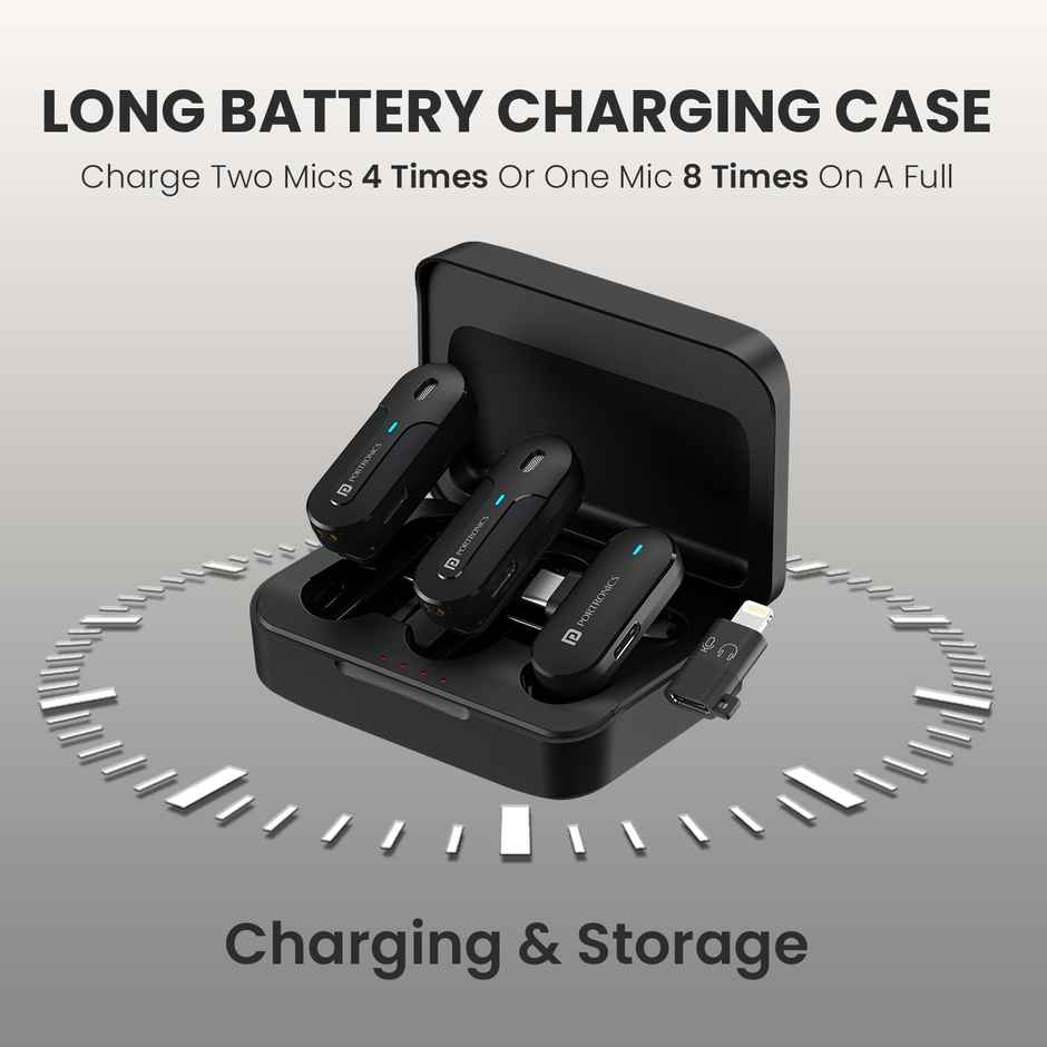 Portronics Vlogmate 2 Dual Microphone with Charging Case, Type C & 8 Pin Receiver(Black)
