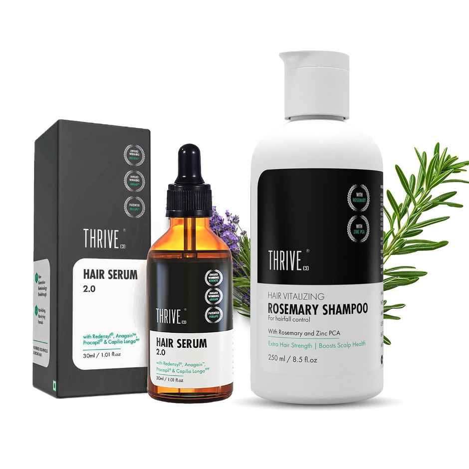Thriveco Hair Growth Serum 2.0 For Hair Growth & Hair Fall Control (30ml) & Thriveco Hair Vitalizing Rosemary Shampoo For Hair Fall Control (250ml) Combo