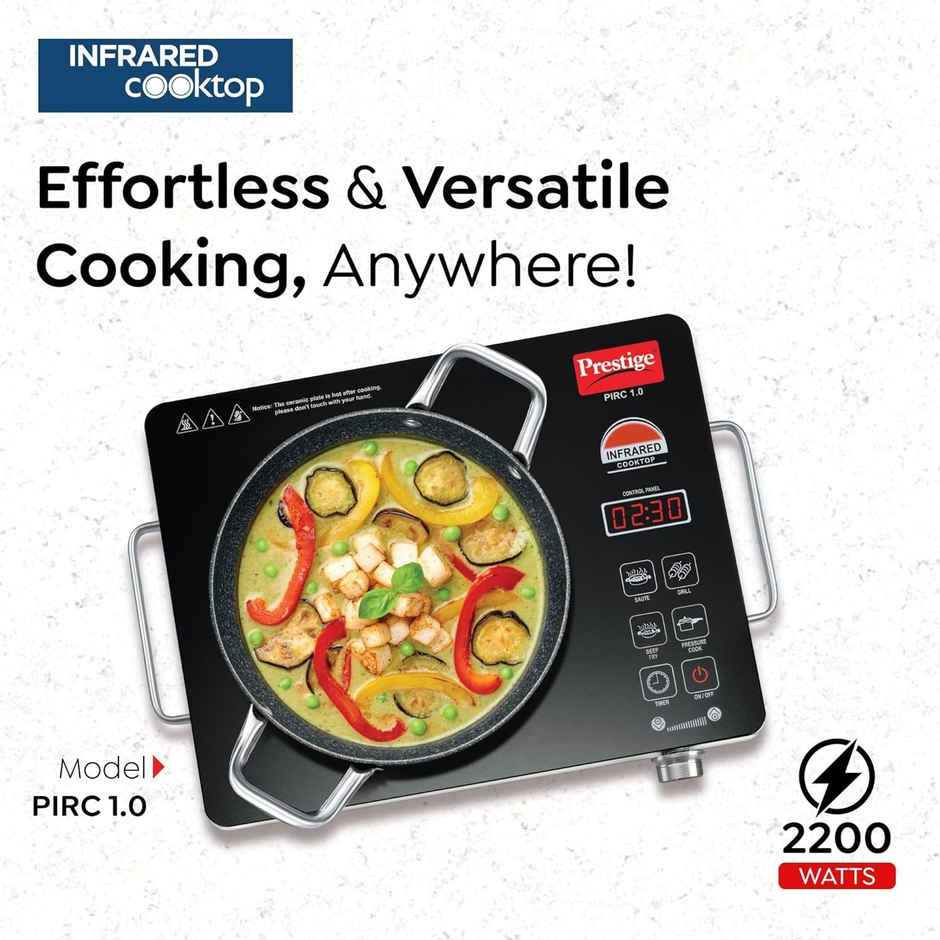 Prestige PIRC 1.0 2200W Infrared Cooktop, Preset Indian Menu Options & Timer, Black, 1Y Warranty,BIS