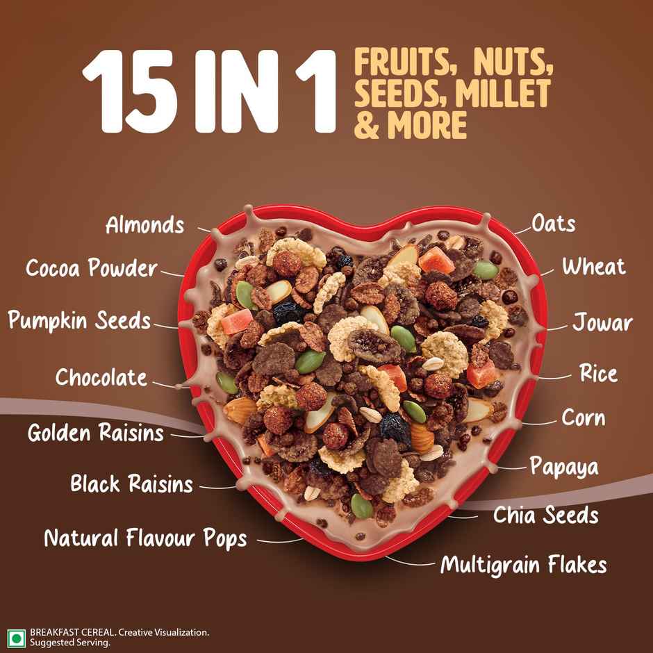 Saffola Muesli Choco Crunch with Flavour Pops | 15 in 1 Fruit and Nuts, Seeds | Millet & more