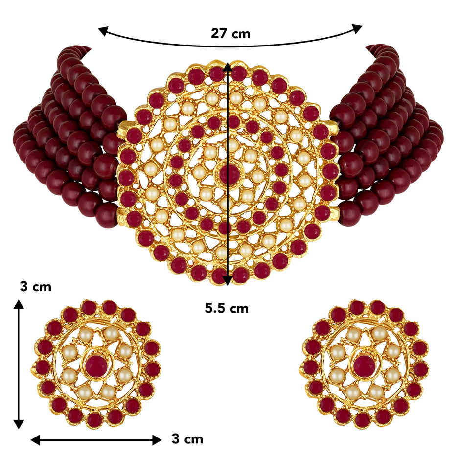 Peora Gold Plated Kundan Beads Choker Necklace with Round Earrings Traditional Jewellery Set