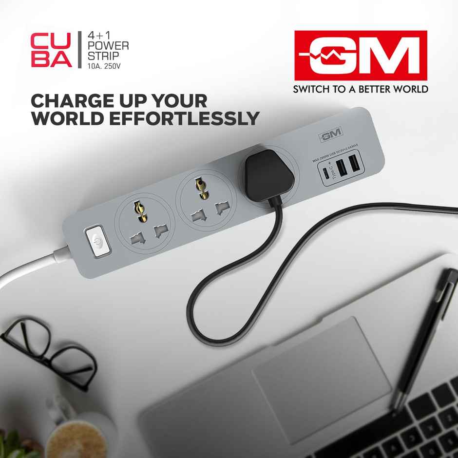 GM Cuba 3341 Extension Board with USB Port Type A & C | 2500 Watt Switch Board Surge Protector | Spike Guard with 1.8 Mtr Cord, 3 International Sockets | Fireproof Upto 750 Degree