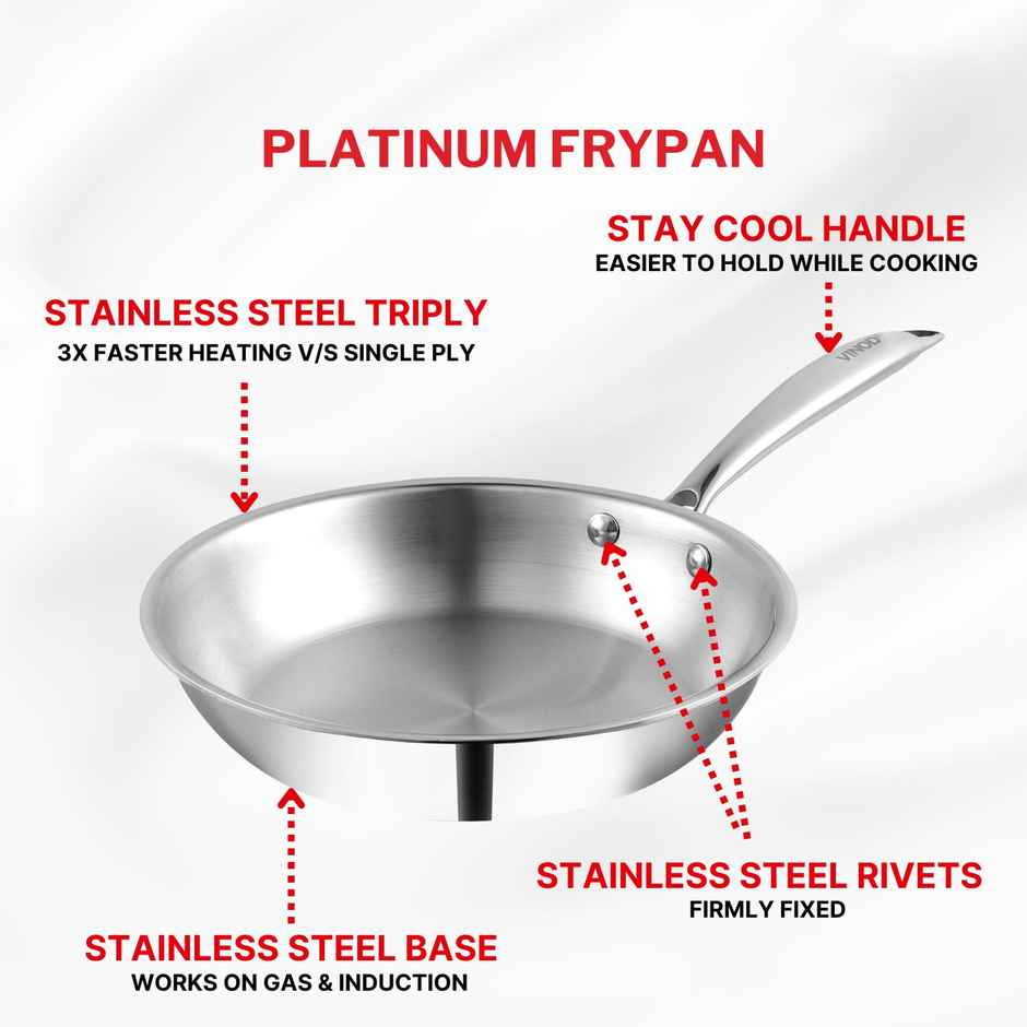 Vinod Platinum Triply Stainless Steel Fry Pan - 24 Cm (Induction Friendly)