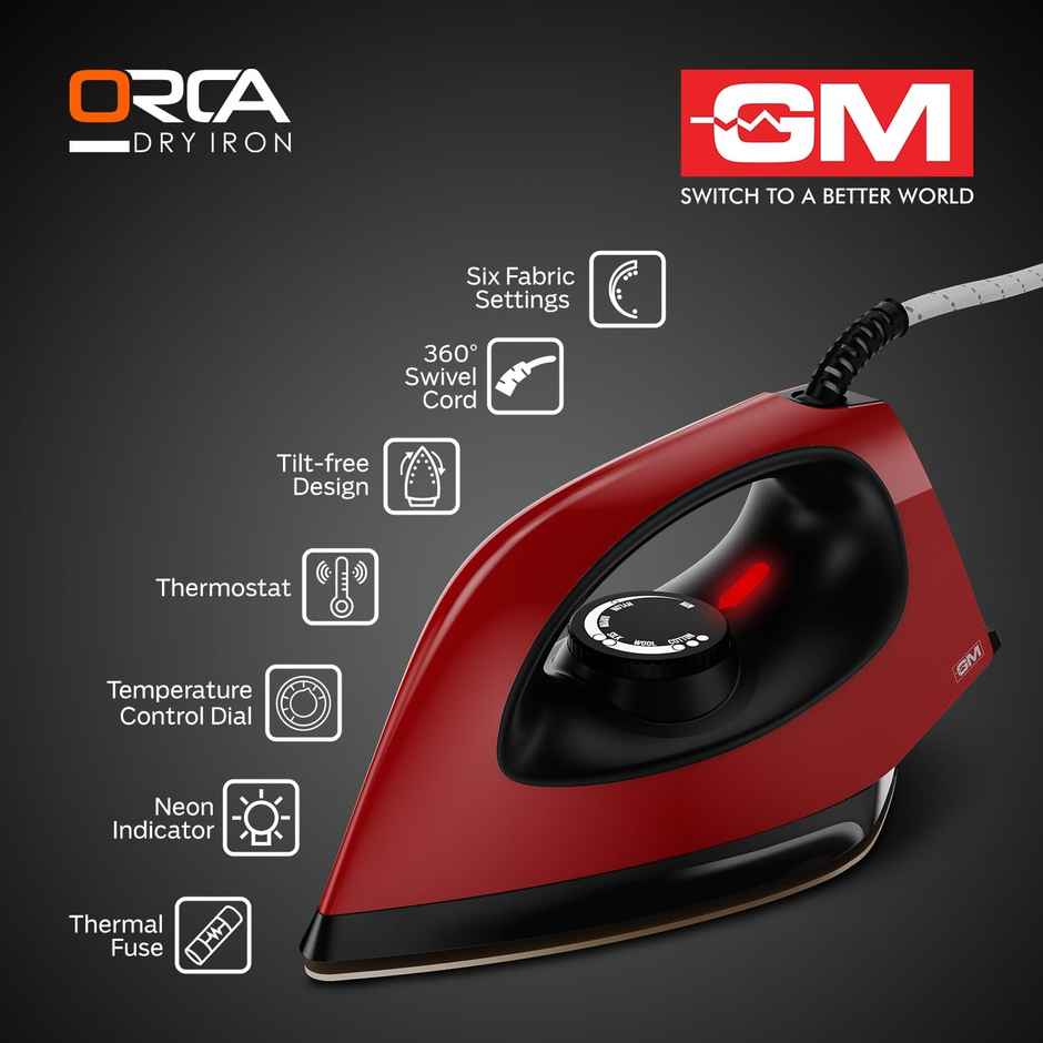Gm Orca 1100W Efficient Dry Iron For Wrinkle | Variable Temperature Settings,Red