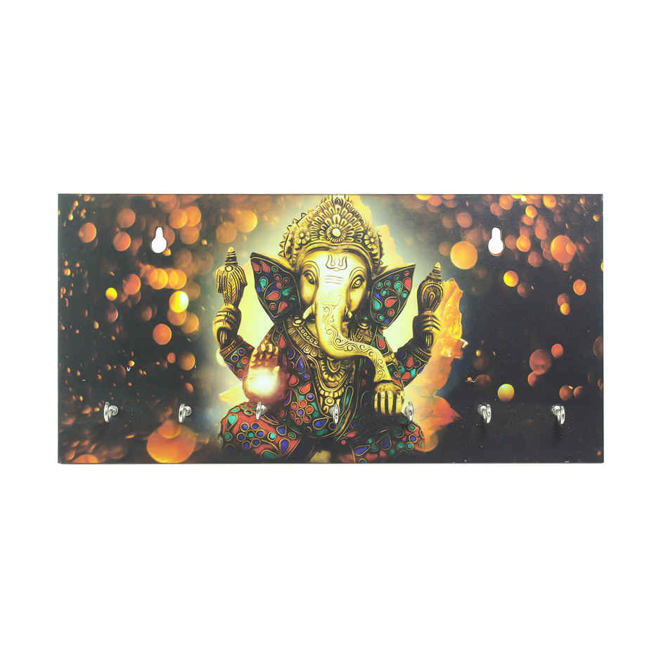 eCraftIndia Lord Ganesha Theme Wooden Key Holder With 7 Key Hooks For Wall
