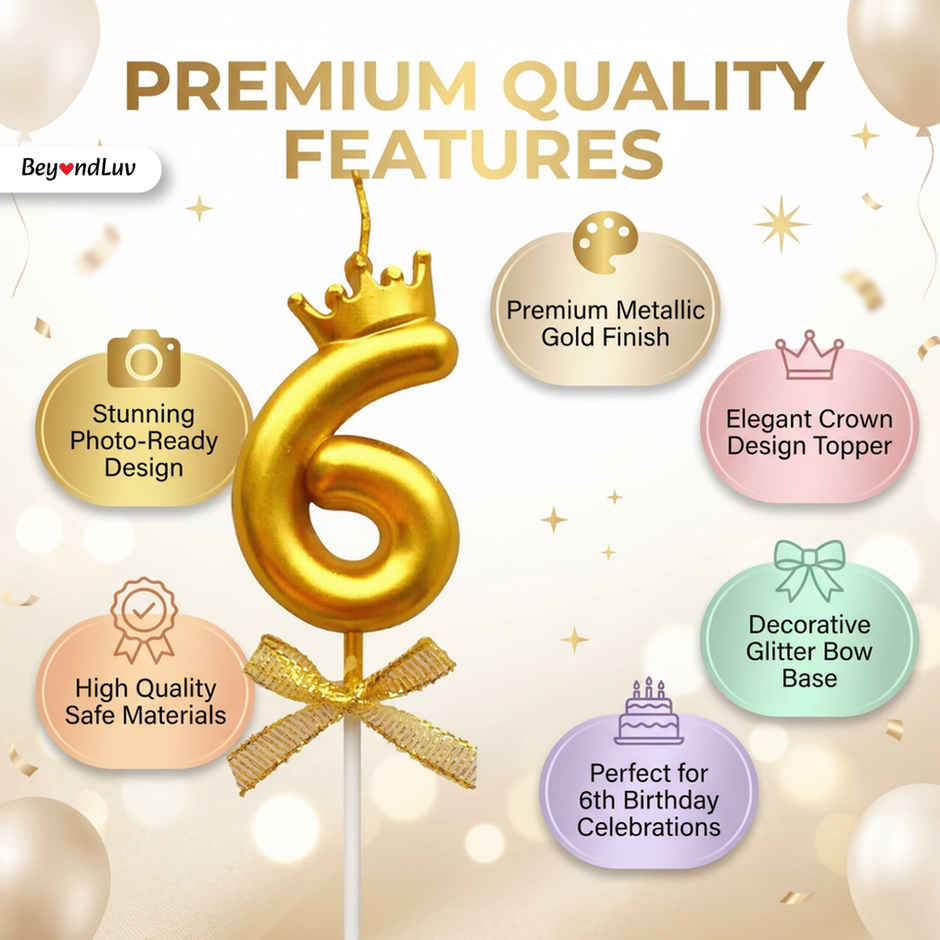 BeyondLuv Candles for Kids Birthday Party 6 Golden Number Candle With Crown