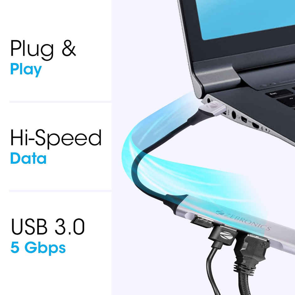 Zebronics 200HB USB 3.0 4 Port hub with Hi Speed Data Transfer, Aluminum + ABS Body, 15cm Cable, Sleek Design and Plug Play Usage - Black & Grey