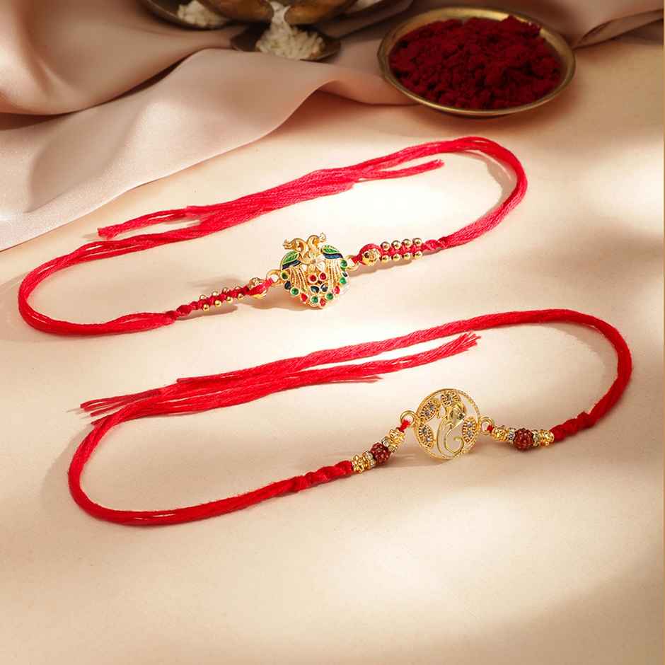 Rubans Ganesha and Peacock Motif Rakhi - Gold Tone