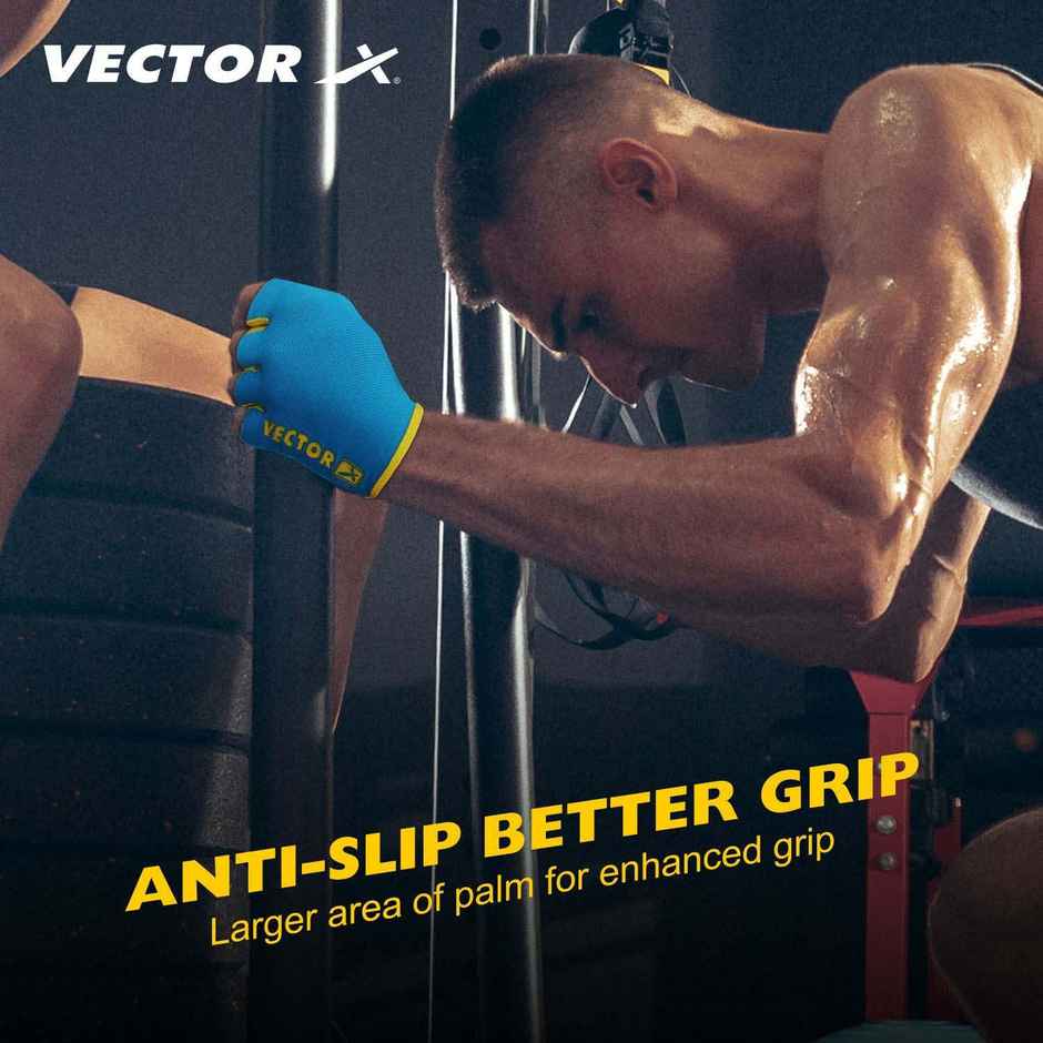 Vector X Unisex Workout Fingerless Weight Lifting Gloves, Excellent Grip | Blue-Black-XL