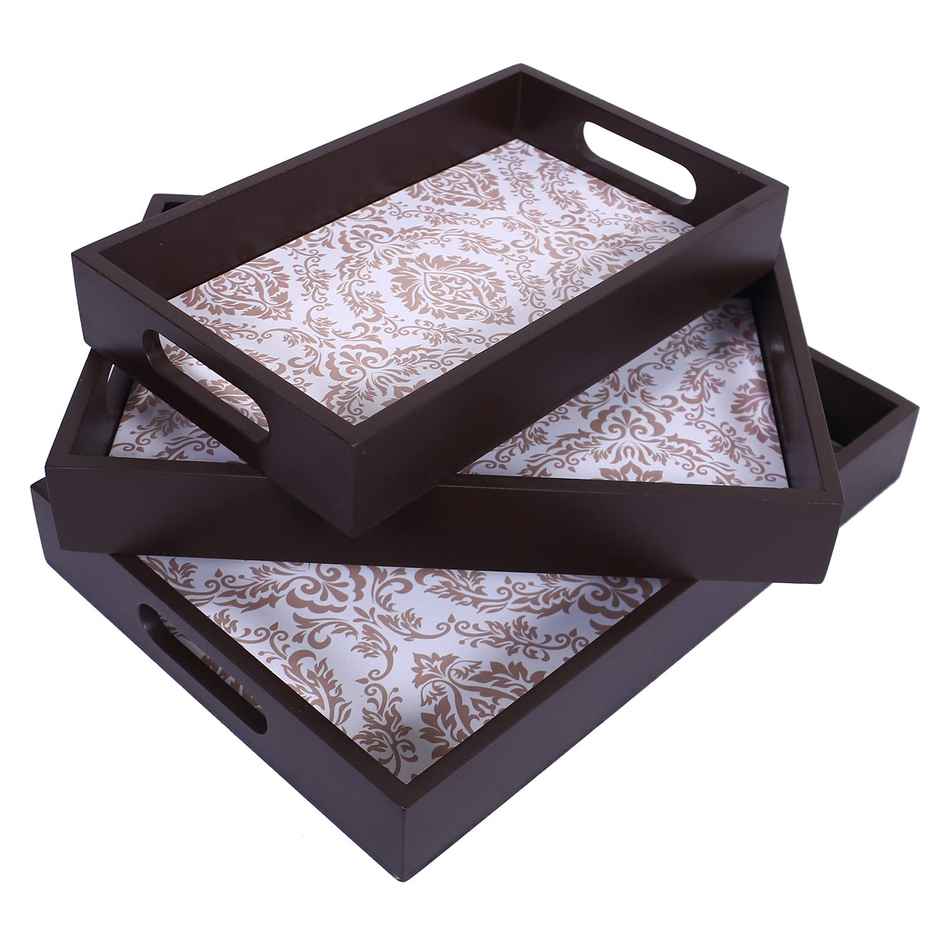 Kuber Industries Wooden Nested Serving Trays | Damask Gold Design | Set of 3 (Brown)
