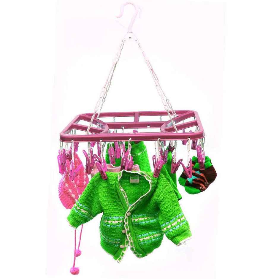 Kuber Industries Cloth Drying Hanger Rack (32 Clips) | 360 Degree Portable & Rotatable | Pink
