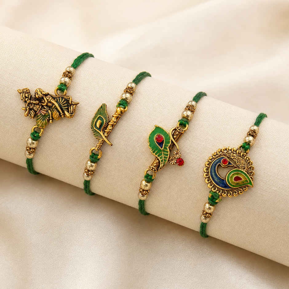 Religious Radha Krishna Playing Flute, Peacock, Peacock Feather Designer Rakhis with Roli Chawal | Set of 4 Rakhi | Ecraftindia