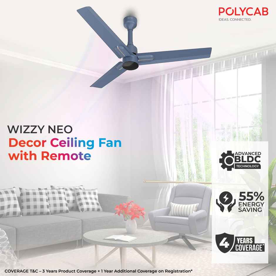 Polycab Wizzy Neo BLDC Ceiling fan, 1200mm, Remote Control, 5-Star, 6 Speed Setting, Blue Silver