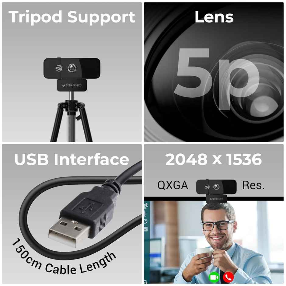 Zebronics Sharp Pro High Resolution Digital Webcam, 30 Fps, 2048 X 1536 Qxga, Microphone, Auto Focus, Dedicated Privacy Shutter, Tripod Support, Compatible with Laptops, Mac for Zoom, Skype, Discord - Black
