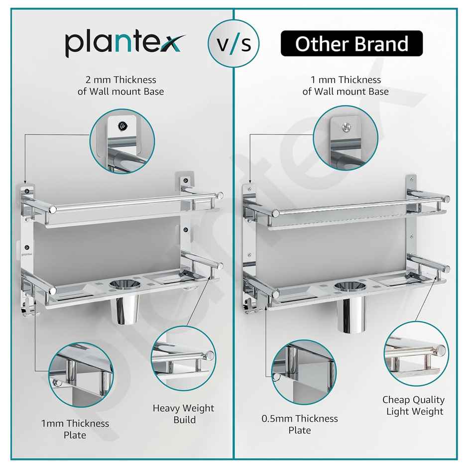 Plantex No Drill Bathroom Shelf Organizer with Soap and Brush Holder - 2-Tier, Chrome Finish