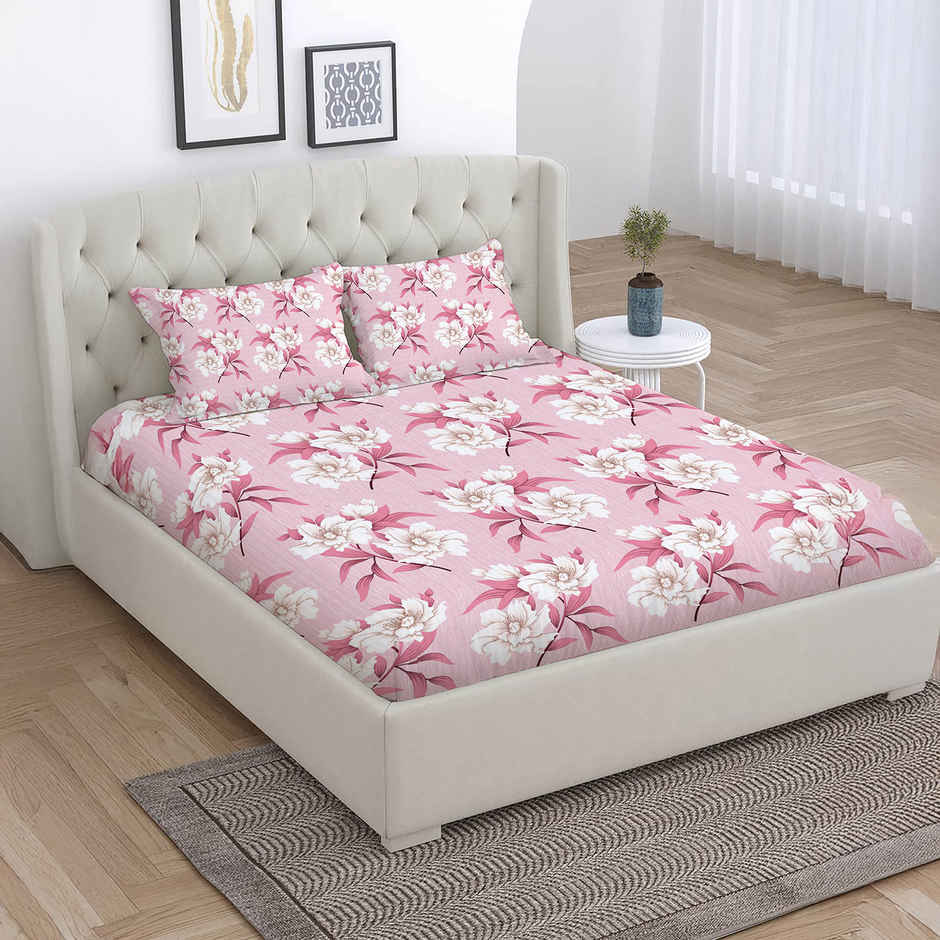 BAY6 Microfibre Floral Print Double Bedsheet - Pink | 215 x 230 cm + Two Pillow Covers