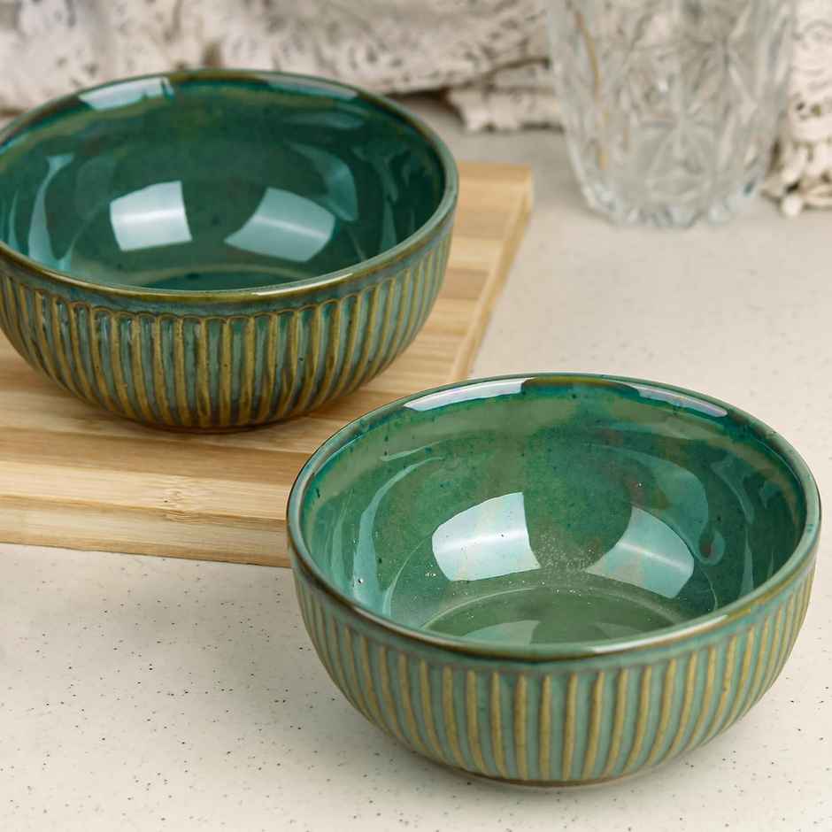 The Earth Store Glam Green 2Pc Ceramic Bowl Gift Set, 500 ml Each Microwave Safe, Snack Serving