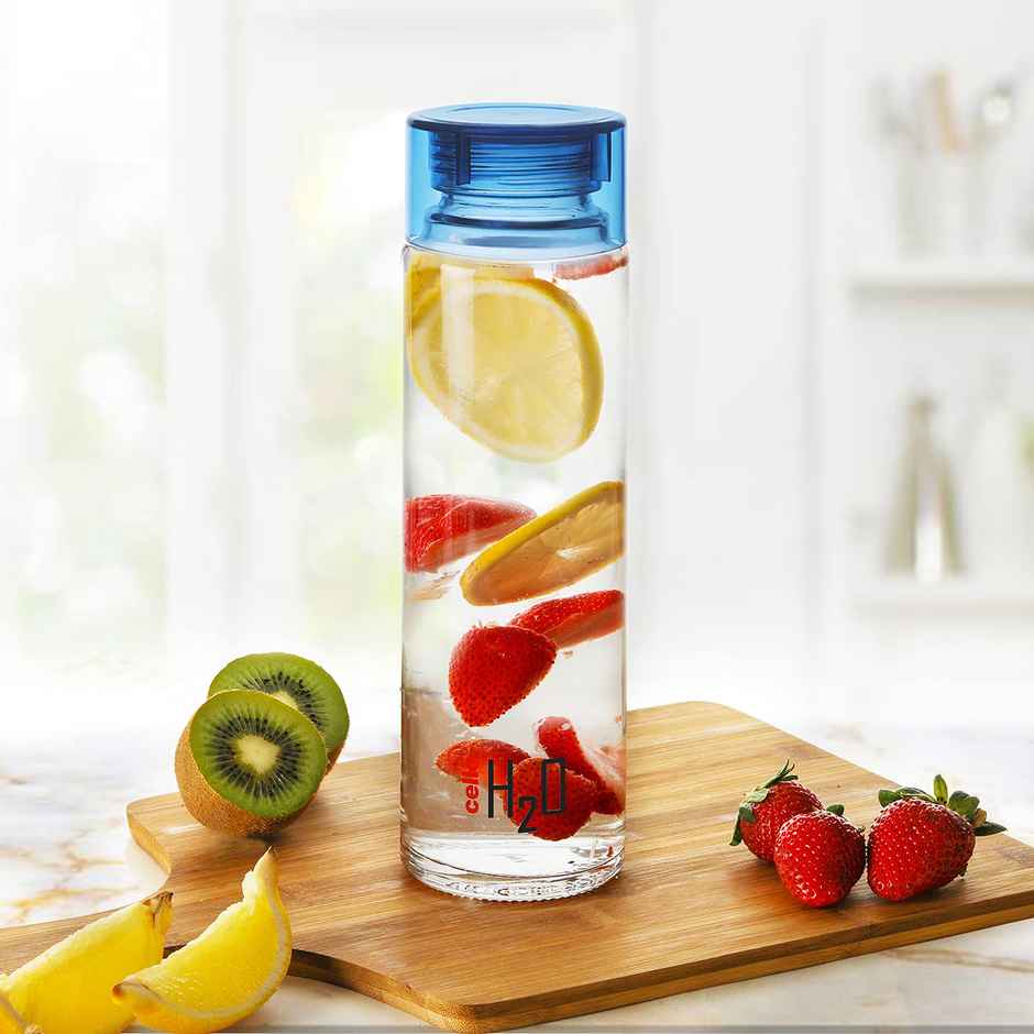 Cello Glass H2O Fridge Water Bottle with Plastic Cap | Blue | 920 ml
