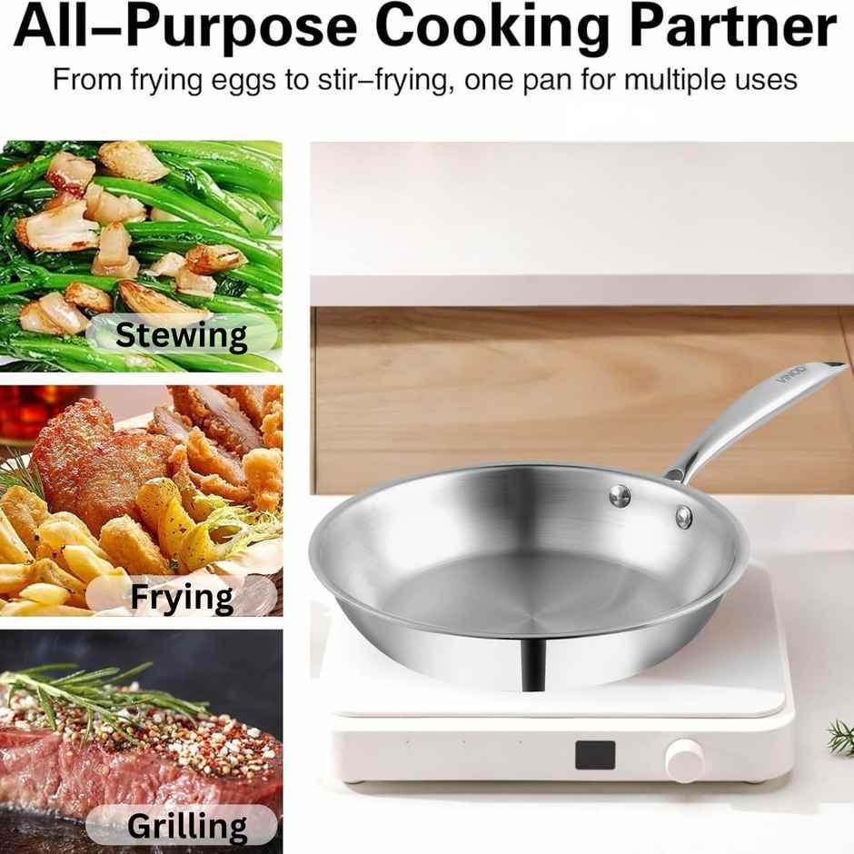 Vinod Platinum Triply Stainless Steel Fry Pan - 24 Cm (Induction Friendly)