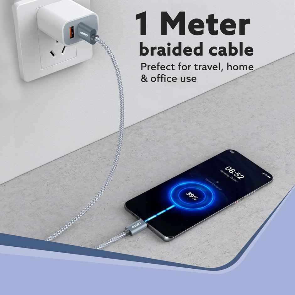 AGARO USB-A to Type C Cable, Unbreakable Braided Cable, 3A Fast Charging, Compatible with All Type C Devices Including Smartphones, Tablets etc, PD Technology, 1 M (3.2Ft), 480 Mbps Data Transmission - Grey