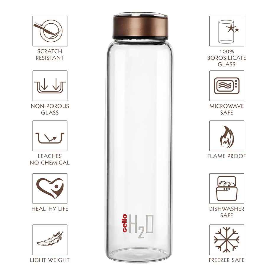 CELLO H2O Glass Fridge Water Bottle with Cap 1000ml, Copper | Food Grade, Microwave & Freezer Safe