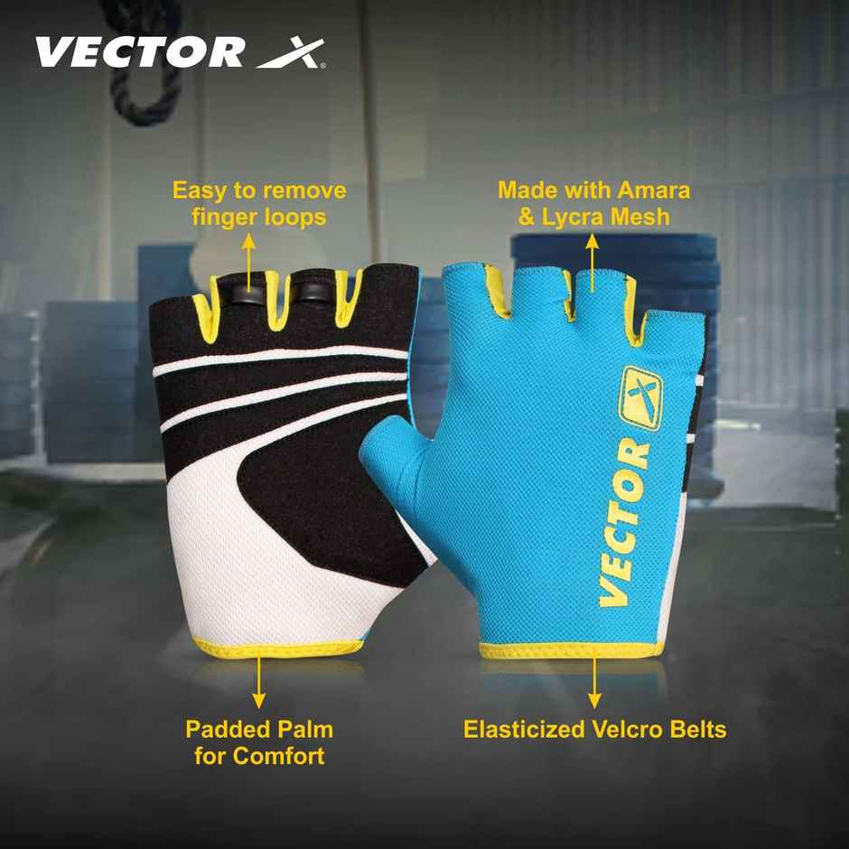 Vector X Unisex Workout Fingerless Weight Lifting Gloves, Excellent Grip | Blue-Black-L