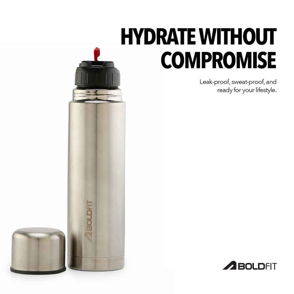 Boldfit Silver Thermosteel Water Bottle | Hot & Cold Flask with Carry Bag for Travel | 1 L