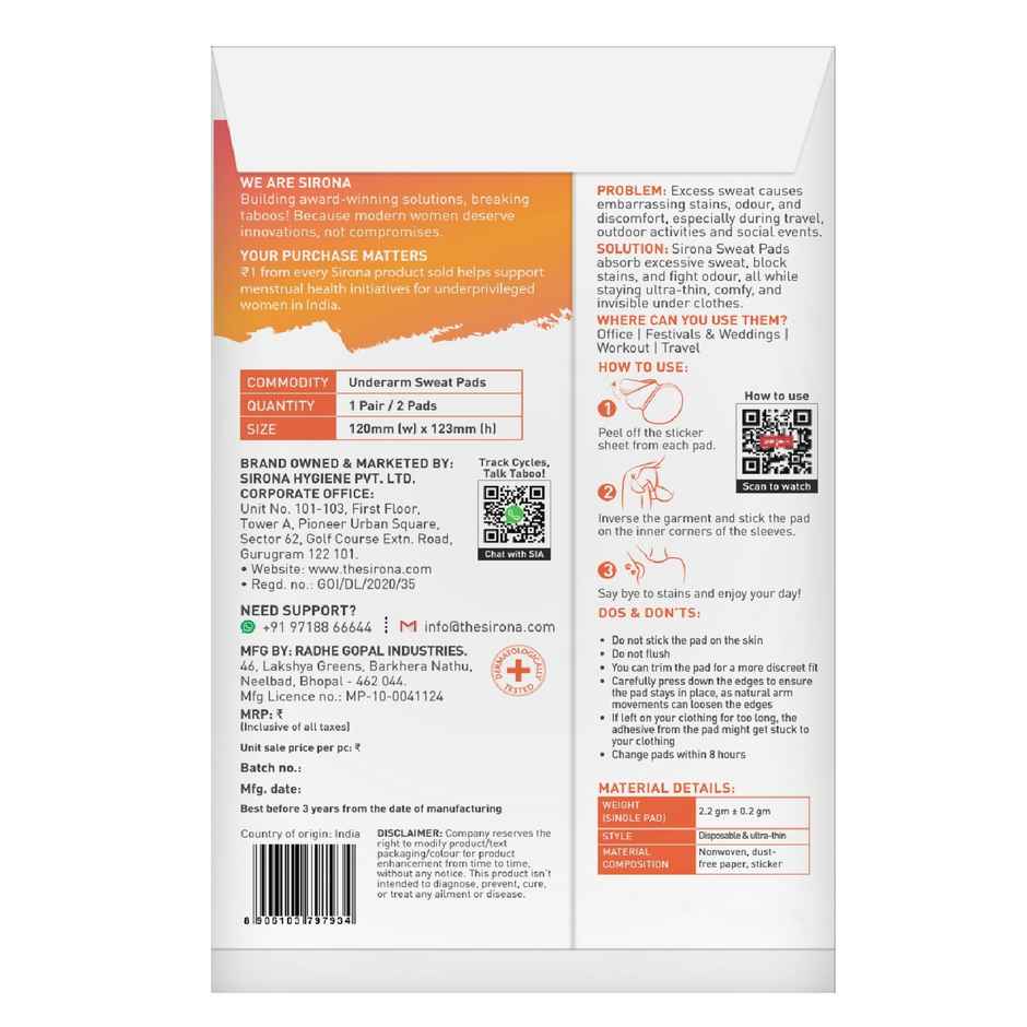 Sirona Disposable Underarm Sweat Pads | Absorb Sweat | Prevent Stains & Bad Odours