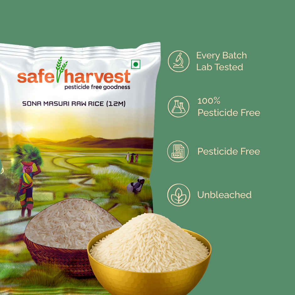 Safe Harvest Sona Masoori Raw Rice 12 Months | Lab-Tested | Pesticide Free