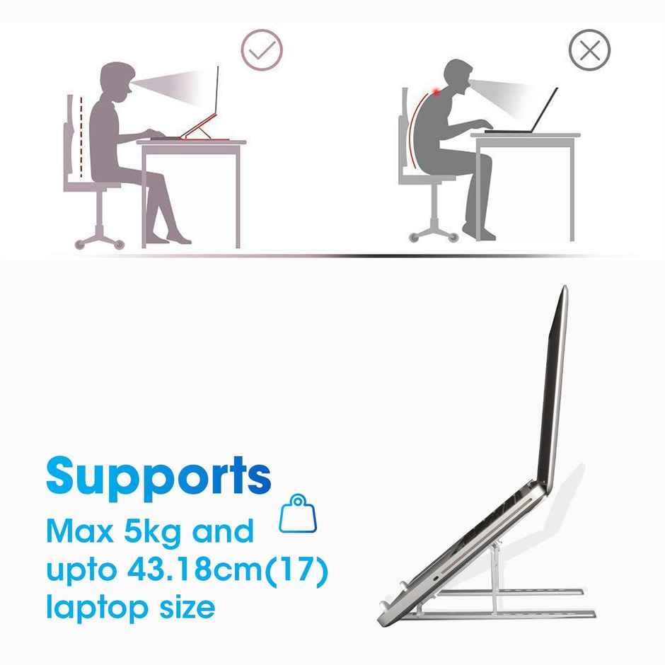 Zeb Ns2000 Aluminium Laptop Stand, 9-15.6In Laptops, Anti Slip Silicon Pads, Velvet Pouch,Silver