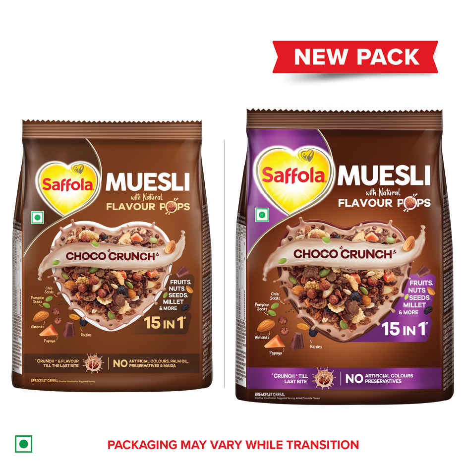 Saffola Muesli Choco Crunch With Flavour Pops 15 In 1 Fruit And Nuts