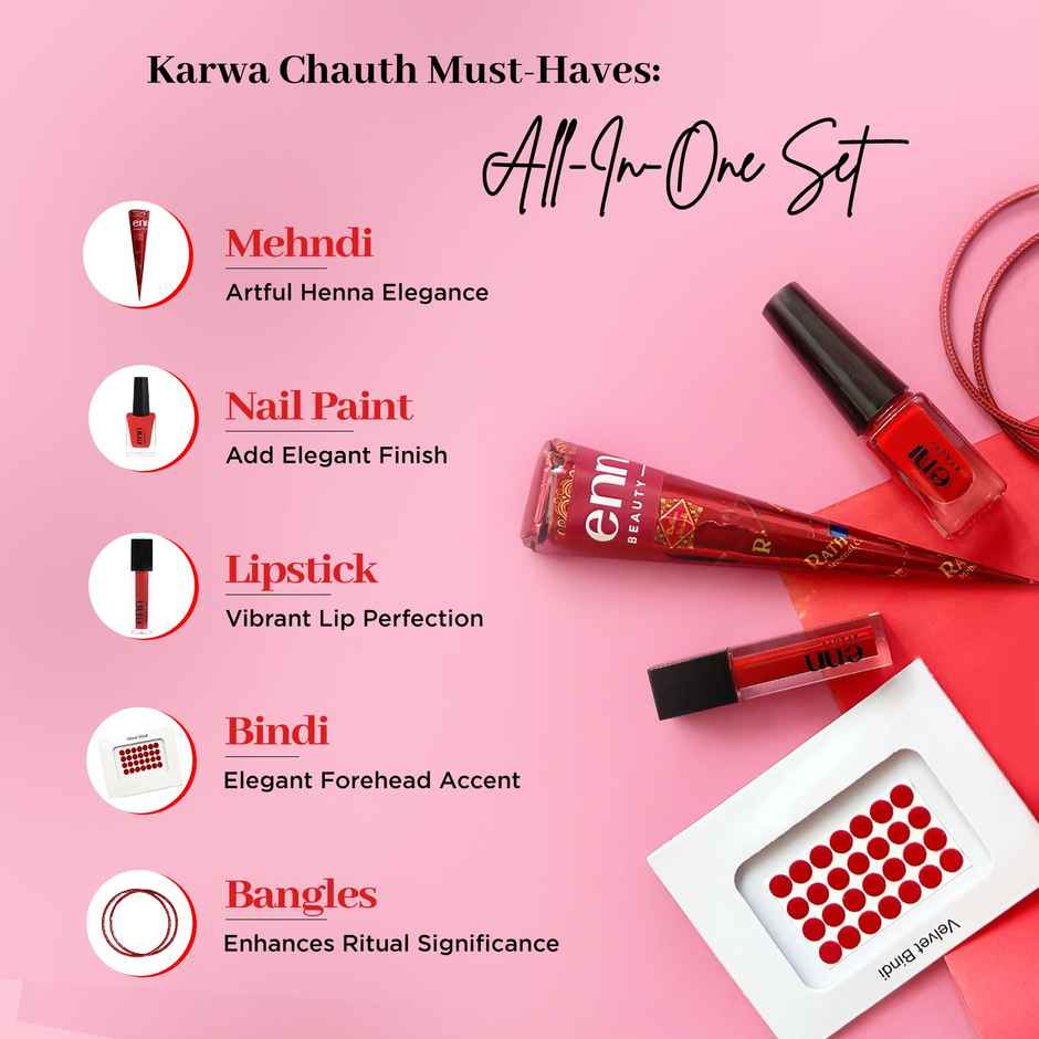 ENN Beauty Shringar Kit Pack Of 4 | Lipstick, Nail Paint, Mehndi, Bindi & Sindoor