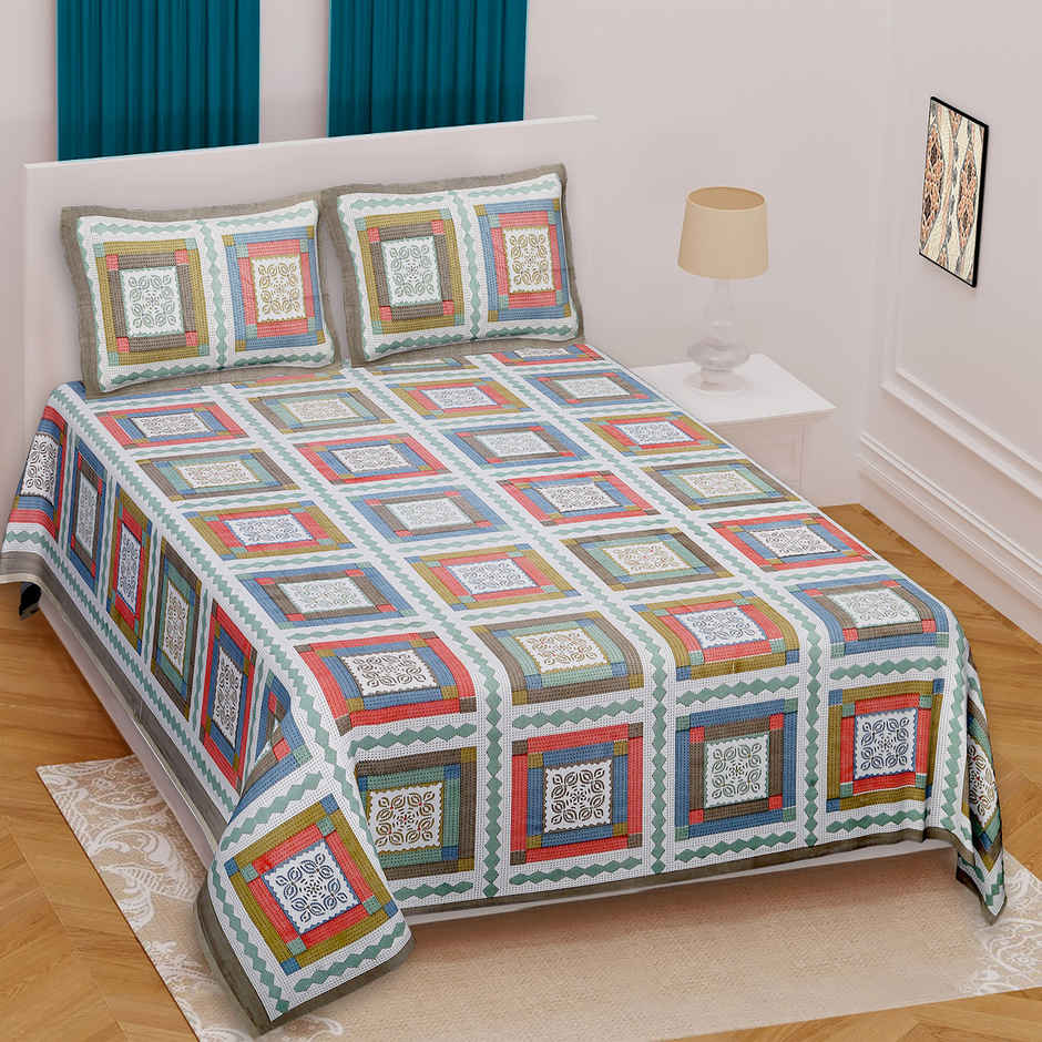 BAY6 100% Cotton King Bedsheet 104 in X 88 Inch, Ethnic Multicolor Geometric Design