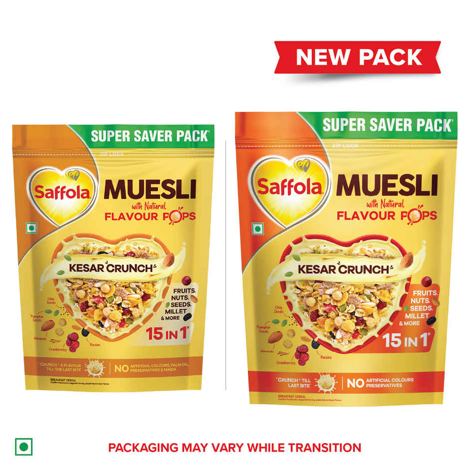 Saffola Muesli Kesar Crunch With Flavour Pops | 15 In 1 Fruit And Nuts | Seeds, Millet & More