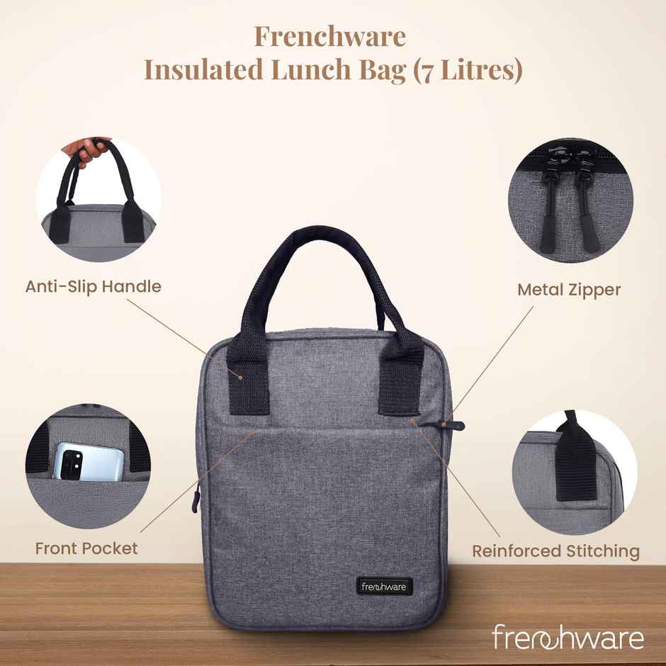 Frenchware Insulated Nylon Lunch Bag, Office Tiffin Bag | 7 L, 15 kg capacity - Grey