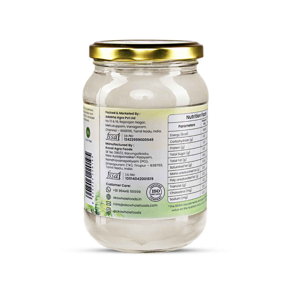 OKO Wholefoods Organic Extra Virgin Coconut Oil | Cold Pressed & Unrefined | Glass Bottle