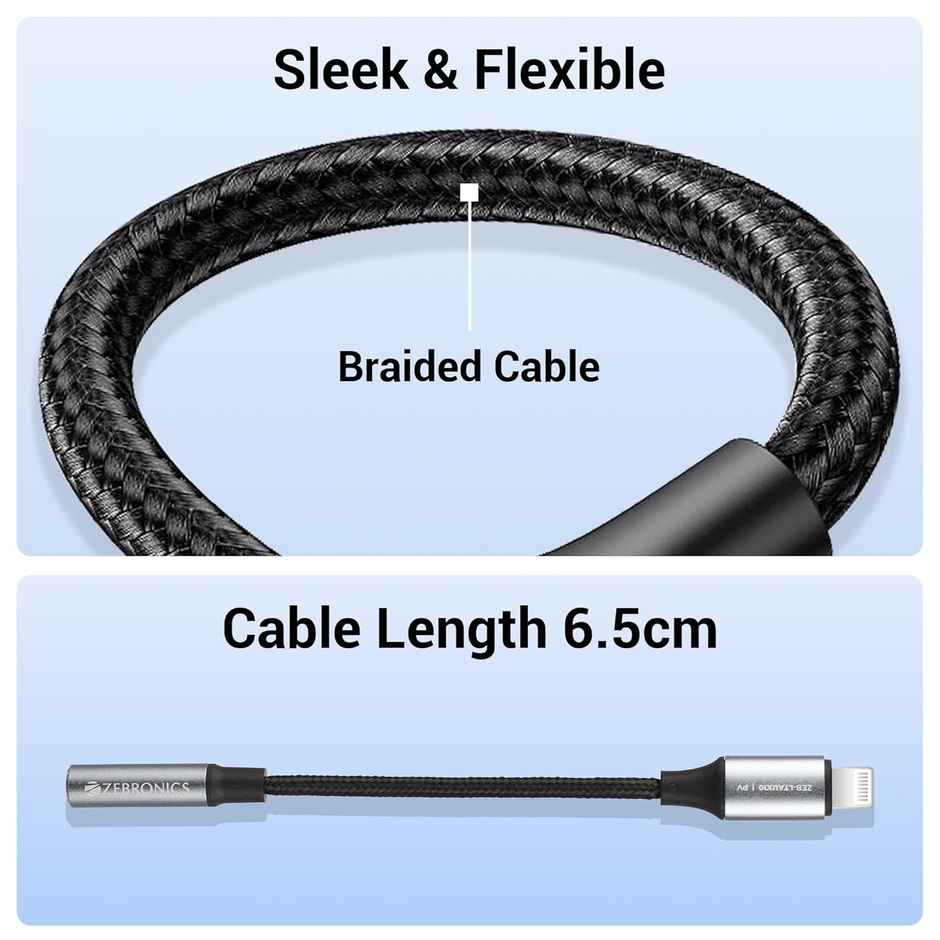 Zebronics LTAux10, Lightning to 3.5 mm Converter, Built-in DAC Chip, Braided Cable