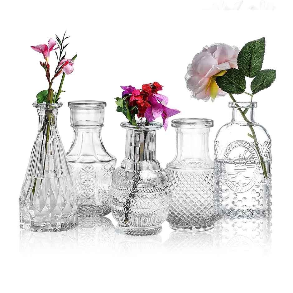 Ekhasa Crystal Clear Glass Bud Vases For Home Decor | Set Of 5 | Center Table Mini Decorative Items
