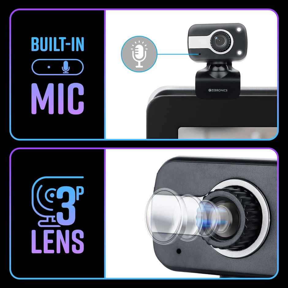 Zebronics Zeb-Crystal Clear Web Camera, 0.3 MP with USB with 3P Lens,Built-in Microphone,Auto White Balance,Night Vision and Manual Switch for LED - Black