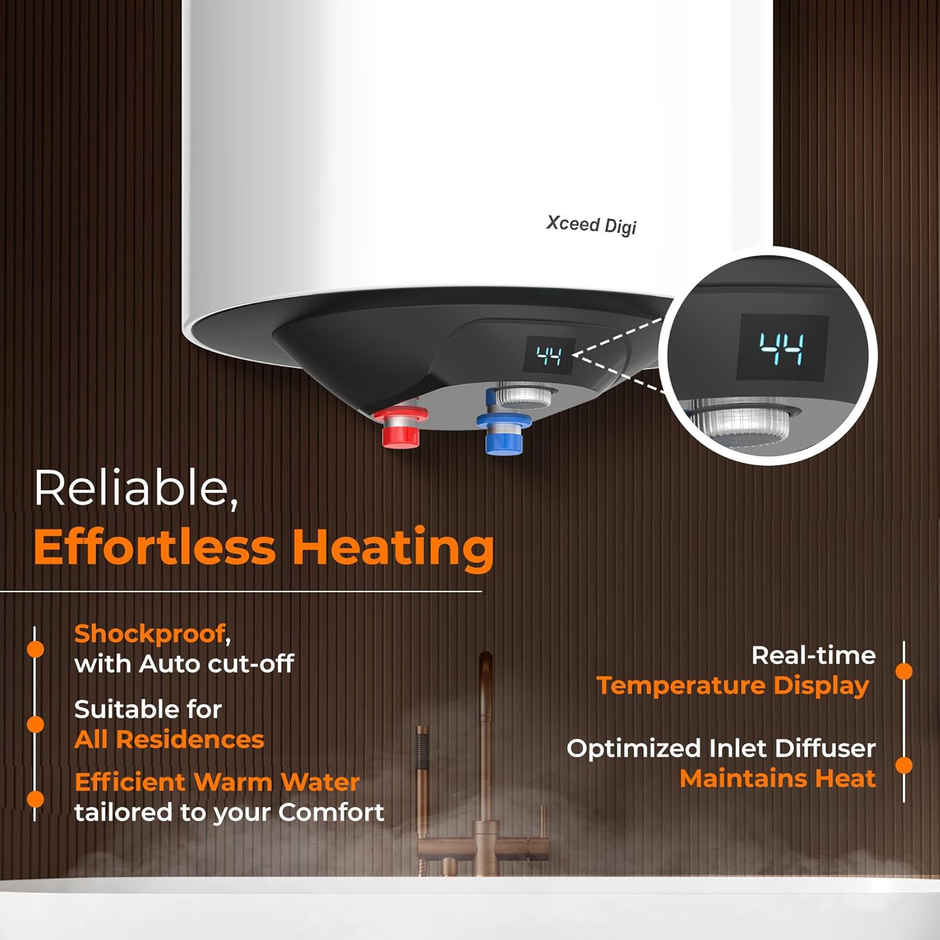 Hindware Smart Appliances Xceed Digi 10L, 2Kw, Glasslined Coated Tank, Storage Water Heater, White