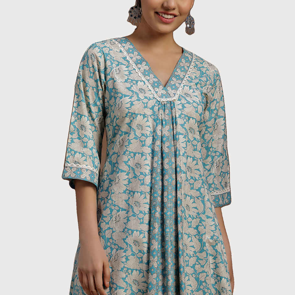 Libas Women's Floral Printed Panelled A-Line Dress with Pleated Style And Pocket | 29115O | Blue - M