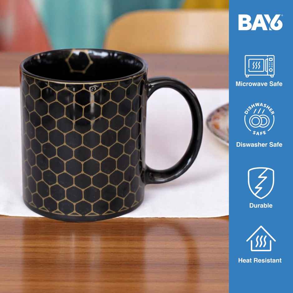 BAY6 Stoneware Solid Milk & Coffee Mugs - Gold & Black Geometric - 320 ml