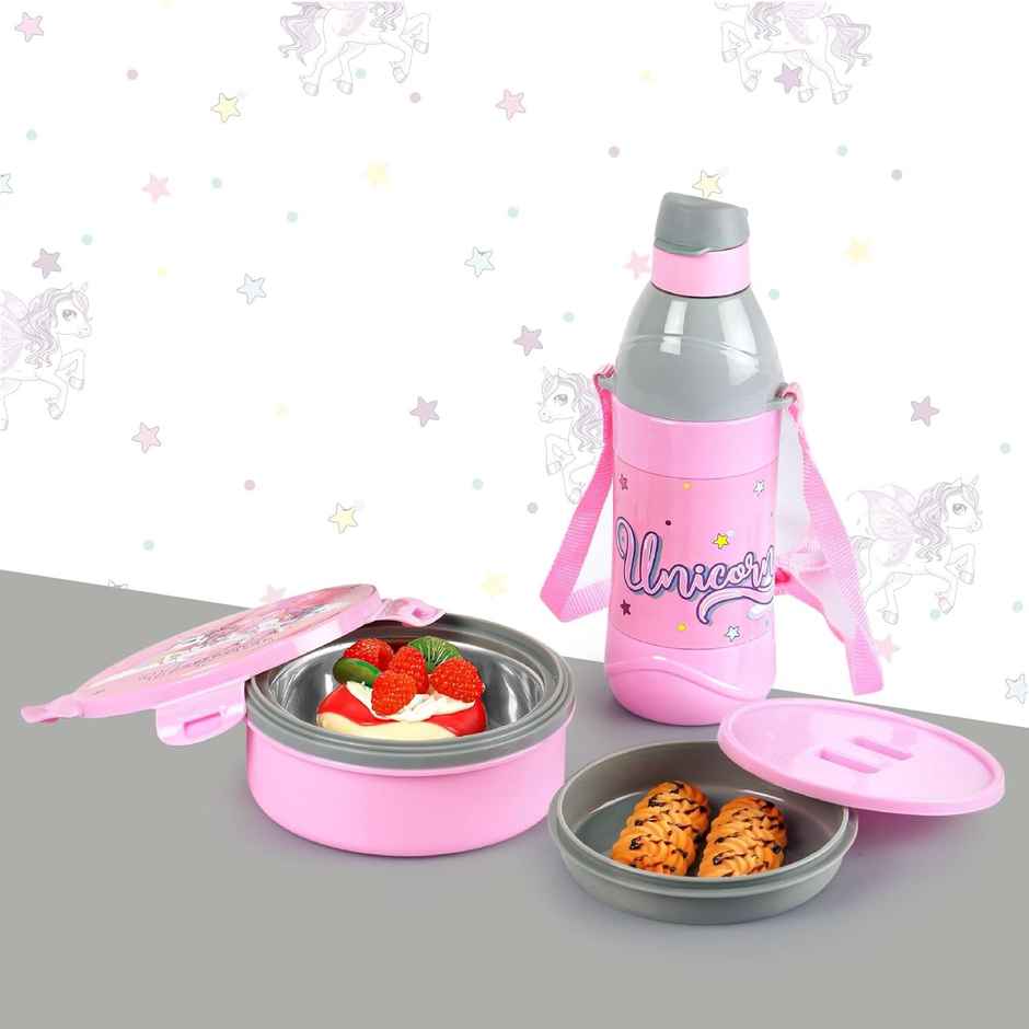 CELLO Tiffy Unicorn Gift Set Insulated Lunch Box & Bottle | Box 460 ml Bottle 400 ml, Pink & Grey