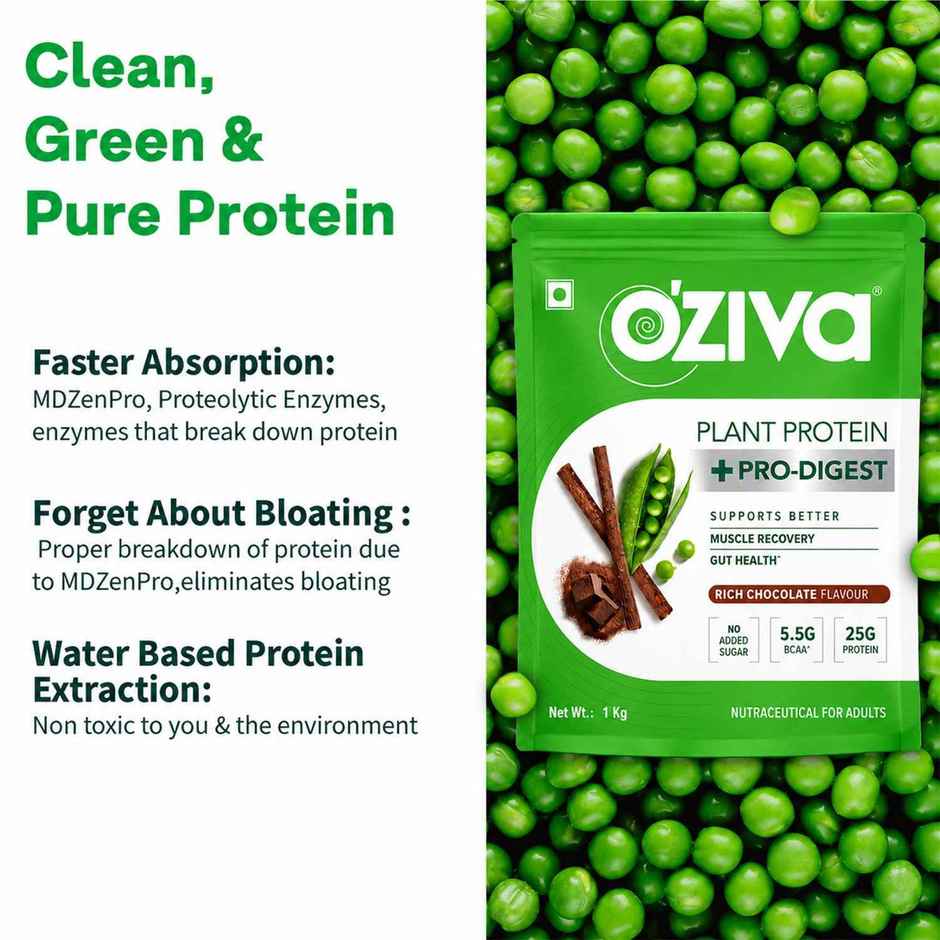 Oziva Bioactive Plant Protein Powder , 25g Protein | 5.5g Bcaa | Eaa | Sugar Free - Choclate , 1 Kg
